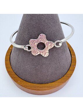 Hammered Flower Sterling Silver 925 Hook Bangle Bracelet Size 7.5" Fit